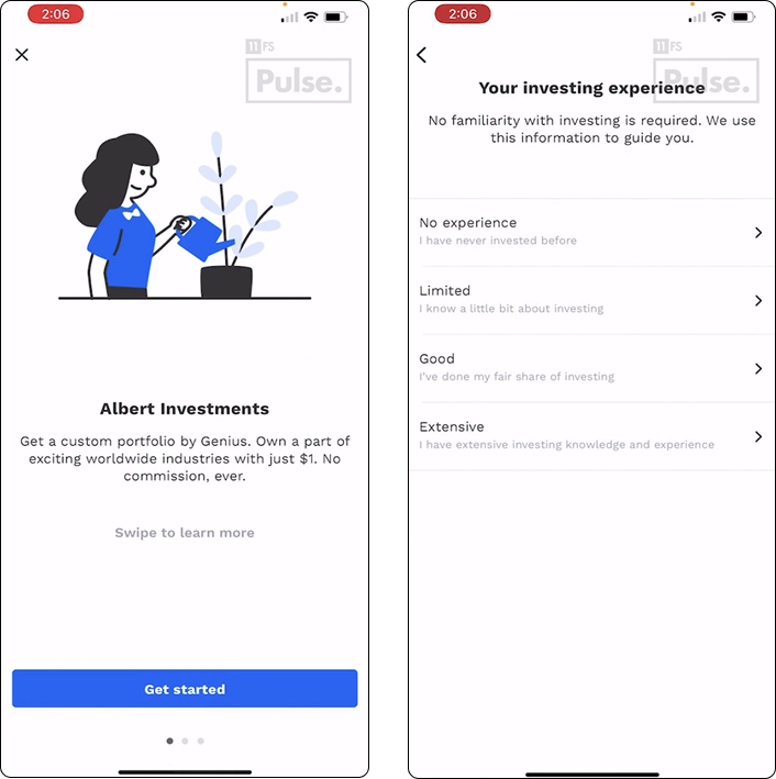 Albert Investments onboarding screens.