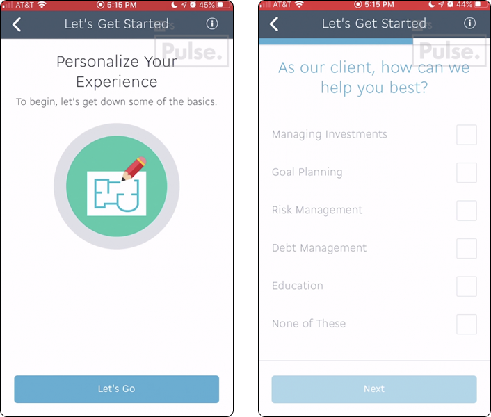 Axos onboarding screens.