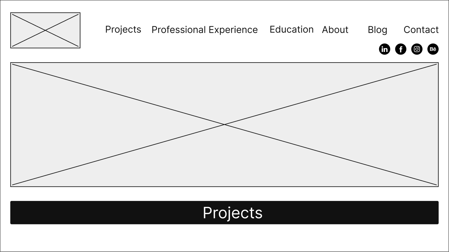 Portfolio home - low fidelity wireframe (desktop).