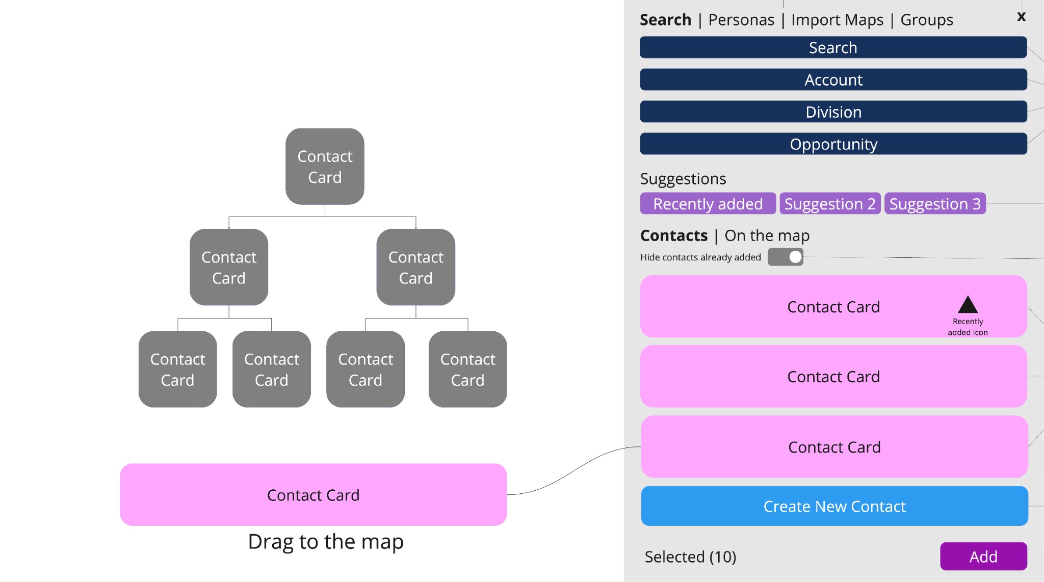 Low fidelity - Add contacts panel with drag to map.